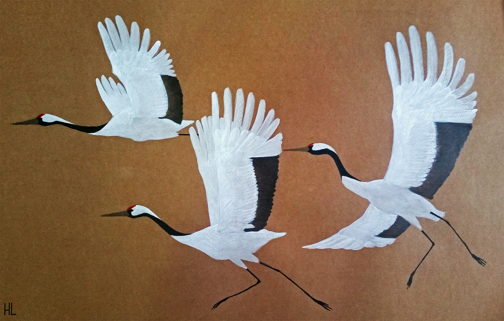Painting in watercolor and gouache of three flying cranes