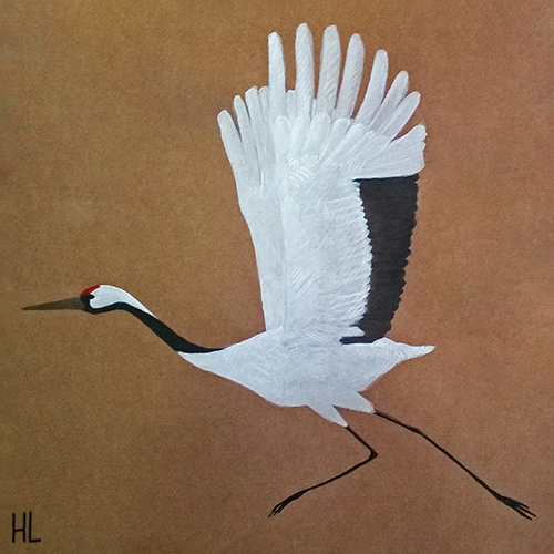 cut out from a large painting with three flying cranes