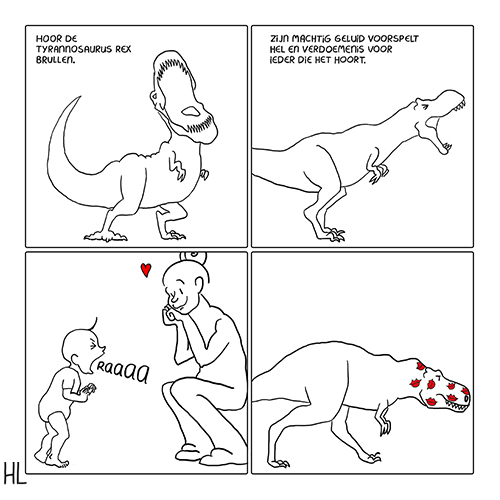 Cartoon on pretending to be a scary dinosaur. 