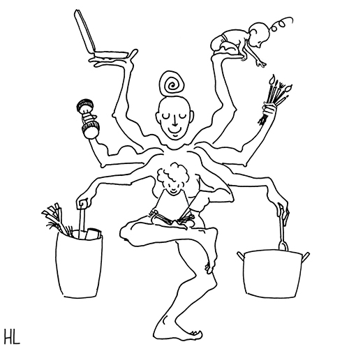 drawing of a mother as a shiva with 8 arms and two children