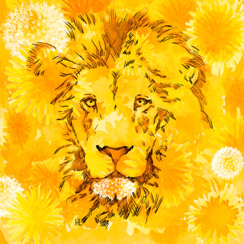 Leeuw getekend in inkt op een achtergrond van paardenbloemen. 