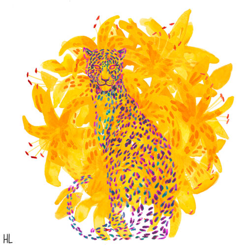 Een digitaal schilderij van de stippen van een panter voor een boeket tijgerlelies