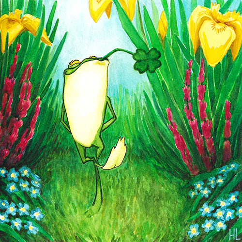 Een vrolijke kikker loopt tussen de lissen/irissen, kattenstaart en vergeetmenietjes/bloemen met een klavertje vier in zijn mond.  