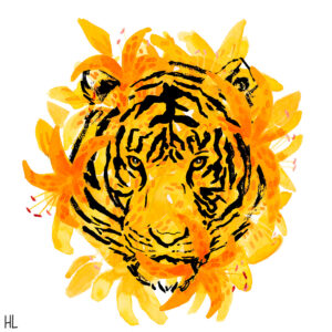 Schilderij in inkt en waterverf van een tijger tussen de tijgerlelies